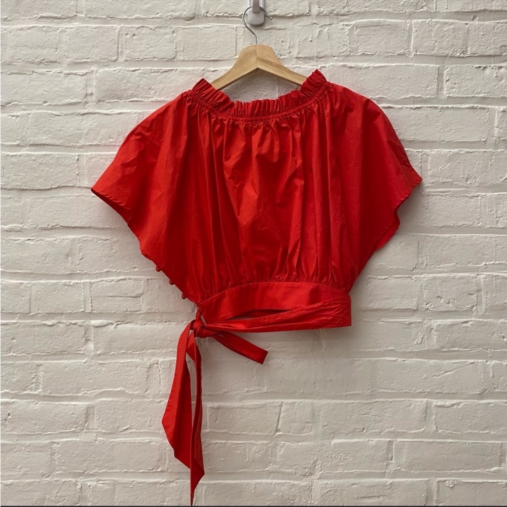 Saloni || Drew Tie Waist Cropped Top Red Button Bow
